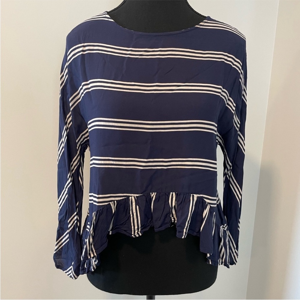 Zara Nautical Blue & White Striped Ruffled Asymmetrical Hem Blouse EUC